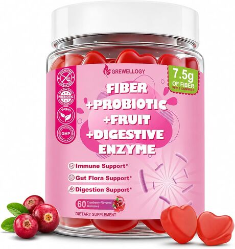 Fiber Gummies for Adults, Sugar Free Fiber Supplement with Prebiotics, Probiotics & Digestive Enzymes for Gut Health Support, 60 Count Cranberry Flavor, Vegan in Saudi Arabia