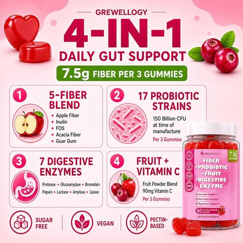 Fiber Gummies for Adults, Sugar Free Fiber Supplement with Prebiotics, Probiotics & Digestive Enzymes for Gut Health Support, 60 Count Cranberry Flavor, Vegan in Kuwait