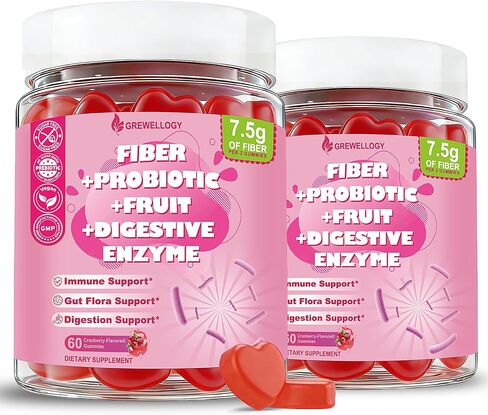 Fiber Gummies for Adults, Sugar Free Fiber Supplement with Prebiotics, Probiotics & Digestive Enzymes for Gut Health Support, 60 Count Cranberry Flavor, Vegan in Kuwait