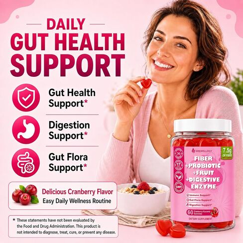 Fiber Gummies for Adults, Sugar Free Fiber Supplement with Prebiotics, Probiotics & Digestive Enzymes for Gut Health Support, 60 Count Cranberry Flavor, Vegan in Kuwait