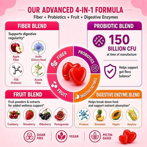 Fiber Gummies for Adults, Sugar Free Fiber Supplement with Prebiotics, Probiotics & Digestive Enzymes for Gut Health Support, 60 Count Cranberry Flavor, Vegan in Kuwait