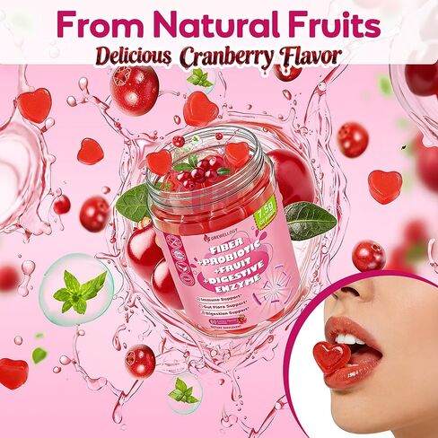 Fiber Gummies for Adults, Sugar Free Fiber Supplement with Prebiotics, Probiotics & Digestive Enzymes for Gut Health Support, 60 Count Cranberry Flavor, Vegan in Kuwait