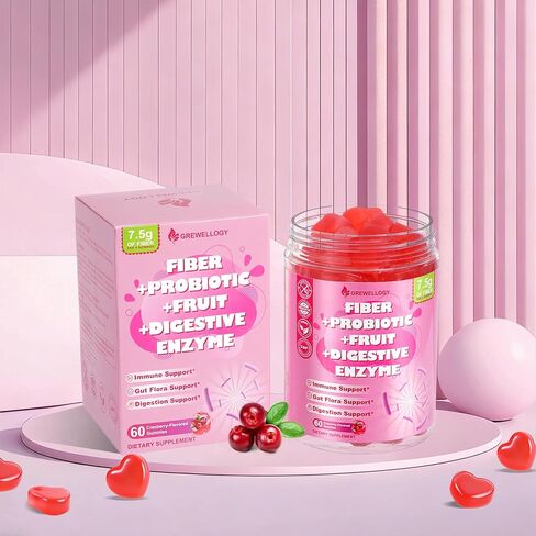 Fiber Gummies for Adults, Sugar Free Fiber Supplement with Prebiotics, Probiotics & Digestive Enzymes for Gut Health Support, 60 Count Cranberry Flavor, Vegan in Kuwait
