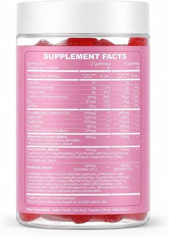 Fiber Gummies for Adults, Sugar Free Fiber Supplement with Prebiotics, Probiotics & Digestive Enzymes for Gut Health Support, 60 Count Cranberry Flavor, Vegan in Kuwait