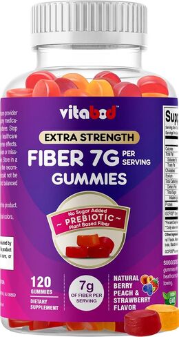 Vitabod Fiber Gummies 7G Per Serving for Digestive Health & Regularity, Prebiotic GOFOS™ Plant-Based Fiber, No Sugar Added, Vegan, Berry Peach Strawberry, 120 Gummies (Adults, Women & Men) in Saudi Arabia