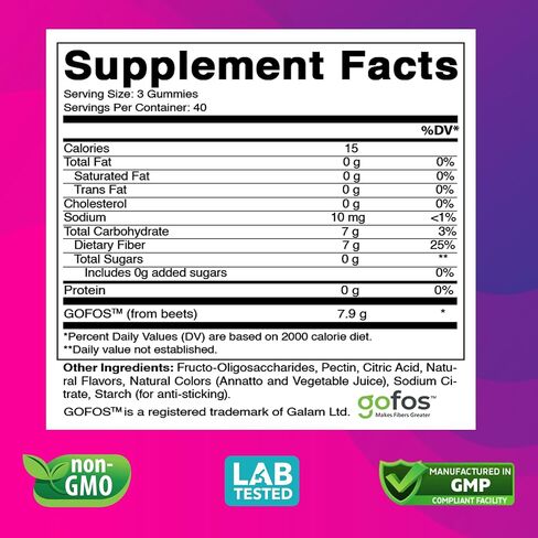 Vitabod Fiber Gummies 7G Per Serving for Digestive Health & Regularity, Prebiotic GOFOS™ Plant-Based Fiber, No Sugar Added, Vegan, Berry Peach Strawberry, 120 Gummies (Adults, Women & Men) in Saudi Arabia