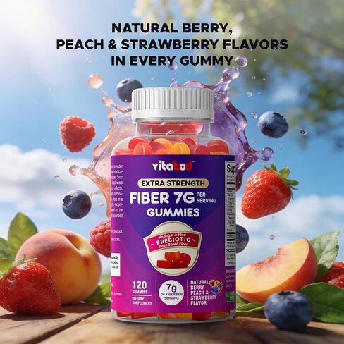 Vitabod Fiber Gummies 7G Per Serving for Digestive Health & Regularity, Prebiotic GOFOS™ Plant-Based Fiber, No Sugar Added, Vegan, Berry Peach Strawberry, 120 Gummies (Adults, Women & Men) in Saudi Arabia