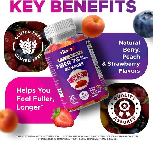 Vitabod Fiber Gummies 7G Per Serving for Digestive Health & Regularity, Prebiotic GOFOS™ Plant-Based Fiber, No Sugar Added, Vegan, Berry Peach Strawberry, 120 Gummies (Adults, Women & Men) in Saudi Arabia