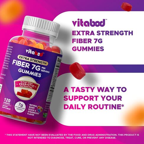 Vitabod Fiber Gummies 7G Per Serving for Digestive Health & Regularity, Prebiotic GOFOS™ Plant-Based Fiber, No Sugar Added, Vegan, Berry Peach Strawberry, 120 Gummies (Adults, Women & Men) in Saudi Arabia
