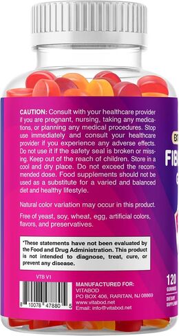 Vitabod Fiber Gummies 7G Per Serving for Digestive Health & Regularity, Prebiotic GOFOS™ Plant-Based Fiber, No Sugar Added, Vegan, Berry Peach Strawberry, 120 Gummies (Adults, Women & Men) in Saudi Arabia