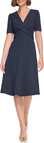 Tommy Hilfiger Women's Short Sleeve Surplice Neck Cross Waist Knee Length A-Line Dress in Kuwait
