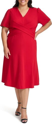 Tommy Hilfiger Women's Short Sleeve Surplice Neck Cross Waist Knee Length A-Line Dress in Kuwait