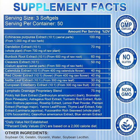 Lymphatic Drainage Supplement — Lymph System Support 21-in-1 Herbal Blend with Echinacea, Dandelion, Burdock, Bromelain, Calendula, Turmeric & More for Immune Health & Fluid Balance — 150 Softgels in Kuwait
