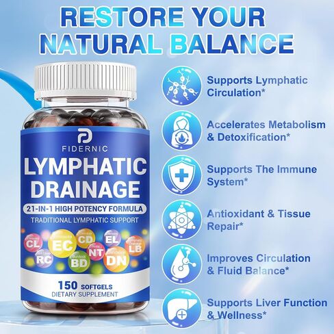 Lymphatic Drainage Supplement — Lymph System Support 21-in-1 Herbal Blend with Echinacea, Dandelion, Burdock, Bromelain, Calendula, Turmeric & More for Immune Health & Fluid Balance — 150 Softgels in Kuwait