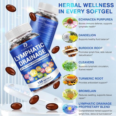 Lymphatic Drainage Supplement — Lymph System Support 21-in-1 Herbal Blend with Echinacea, Dandelion, Burdock, Bromelain, Calendula, Turmeric & More for Immune Health & Fluid Balance — 150 Softgels in Kuwait