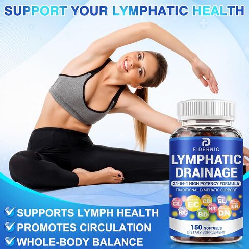 Lymphatic Drainage Supplement — Lymph System Support 21-in-1 Herbal Blend with Echinacea, Dandelion, Burdock, Bromelain, Calendula, Turmeric & More for Immune Health & Fluid Balance — 150 Softgels in Kuwait