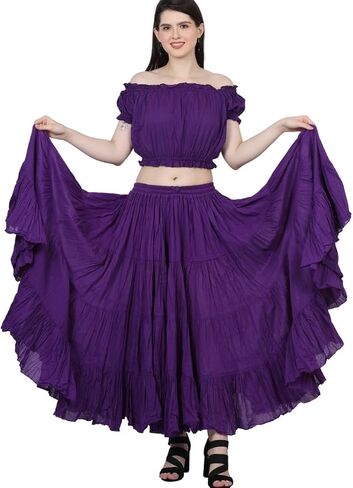 Wevez® Women's Plus Size Maxi Skirt Gypsy 25 Yard Long Flowy Solid Color Cotton Renaissance Skirt in Kuwait