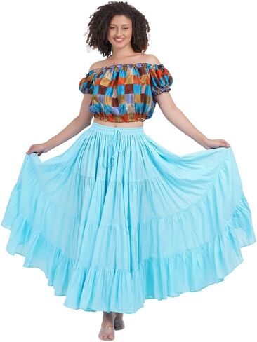 Wevez® Women's Plus Size Maxi Skirt Gypsy 25 Yard Long Flowy Solid Color Cotton Renaissance Skirt in Kuwait