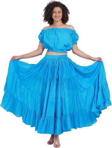 Wevez® Women's Plus Size Maxi Skirt Gypsy 25 Yard Long Flowy Solid Color Cotton Renaissance Skirt in Kuwait