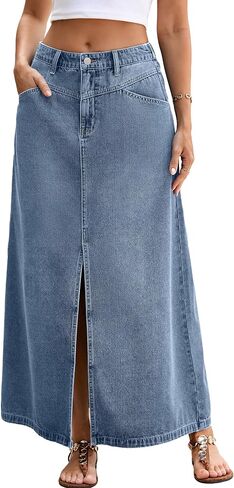 Glamaker Women Denim Long A line Slit Skirts Stretch High Waisted Trendy Casual Maxi Jean Skirt with Pockets in Kuwait