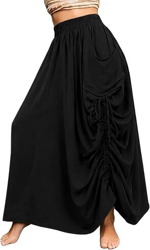 RANPHEE Womens Boho Maxi Skirt Flowy Long Skirts with Pockets Ruched Drawstring Elastic Waist in Saudi Arabia