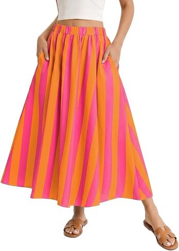 Womens Striped Maxi Skirts Summer Vacation A Line Flowy Elastic Waist Long Skirt Beach Casual Outfits in Kuwait