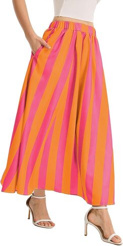 Womens Striped Maxi Skirts Summer Vacation A Line Flowy Elastic Waist Long Skirt Beach Casual Outfits in Kuwait