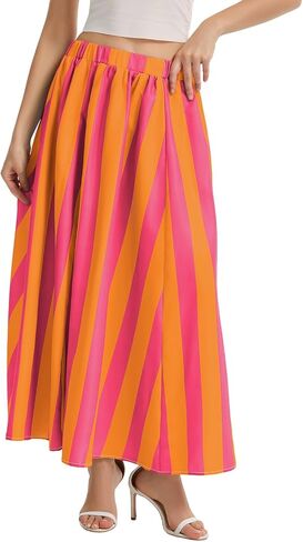 Womens Striped Maxi Skirts Summer Vacation A Line Flowy Elastic Waist Long Skirt Beach Casual Outfits in Kuwait