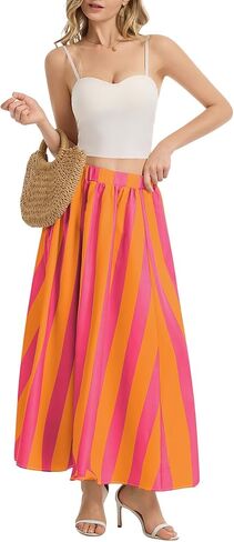 Womens Striped Maxi Skirts Summer Vacation A Line Flowy Elastic Waist Long Skirt Beach Casual Outfits in Kuwait