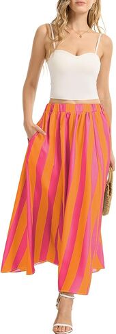 Womens Striped Maxi Skirts Summer Vacation A Line Flowy Elastic Waist Long Skirt Beach Casual Outfits in Kuwait