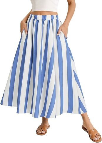 Womens Striped Maxi Skirts Summer Vacation A Line Flowy Elastic Waist Long Skirt Beach Casual Outfits in Kuwait