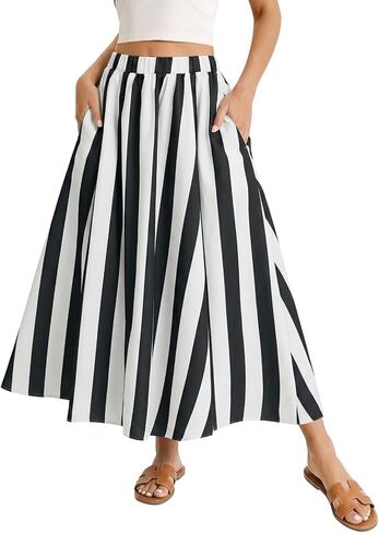 Womens Striped Maxi Skirts Summer Vacation A Line Flowy Elastic Waist Long Skirt Beach Casual Outfits in Kuwait
