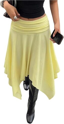 Floerns Women's Y2k Plaid Midi Skirt Vintage Asymmetrical Hem Checkered Low Rise Flowy Skirt in Kuwait