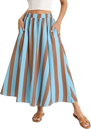Womens Striped Maxi Skirts Summer Vacation A Line Flowy Elastic Waist Long Skirt Beach Casual Outfits in Kuwait