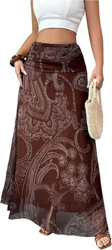 Floerns Women's Paisley Maxi Skirt Ruched Waist Vintage Vacation A Line Skirt in Kuwait