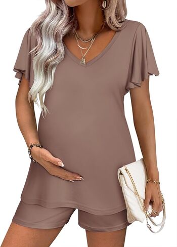Ekouaer Maternity Pajamas Sets 2 Piece Outfits Flowing Short Sleeve V Neck Postpartum Pregnancy Pajamas Clothes Khaki Medium in Kuwait