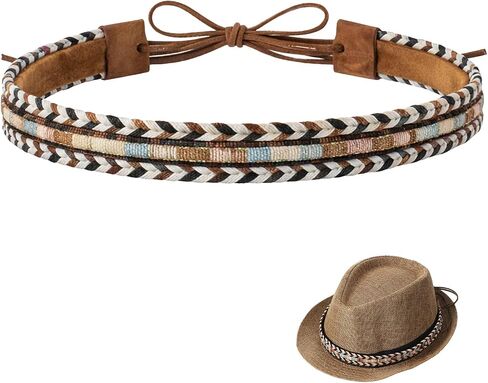 Cowboy Hat Band for Men & Women: Brown Leather Hat Band with Western Belt Buckle, Crochet Denim Cowboy Hat Cinch - Perfect Hat Accessories for Cowboy Hats in Kuwait
