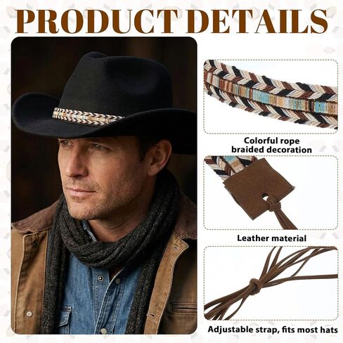 Cowboy Hat Band for Men & Women: Brown Leather Hat Band with Western Belt Buckle, Crochet Denim Cowboy Hat Cinch - Perfect Hat Accessories for Cowboy Hats in Kuwait