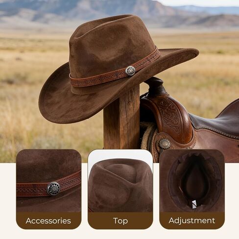 Adjustable Unisex Suede Cowboy hat, Western hat, Panama hat with Wide Brim, Vintage Style Fashion Design (Brown,Size: M) in Saudi Arabia