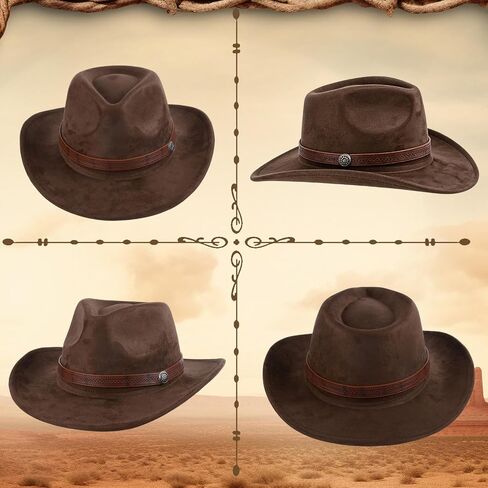 Adjustable Unisex Suede Cowboy hat, Western hat, Panama hat with Wide Brim, Vintage Style Fashion Design (Brown,Size: M) in Saudi Arabia