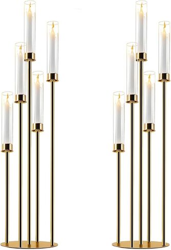 Gold Candelabra with Glass Cylinders for Real Candles 5 Arms Metal Candle Holder Wedding Event Party Home Decoration Centerpiece (2, L) in Saudi Arabia