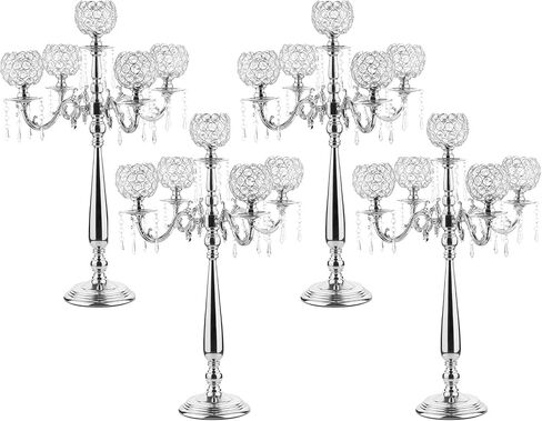 VINCIGANT4Sets 5 Arm Crystal Candelabra Centerpieces for Wedding,29.5Inches Tall Silver Metal Candlestick Holders with 5 Flower Bowl Holder for Anniversary Bathroom Party Home Decoration in Saudi Arabia