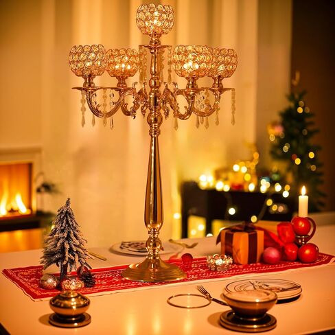 VINCIGANT4Sets 5 Arm Crystal Candelabra Centerpieces for Wedding,29.5Inches Tall Silver Metal Candlestick Holders with 5 Flower Bowl Holder for Anniversary Bathroom Party Home Decoration in Saudi Arabia