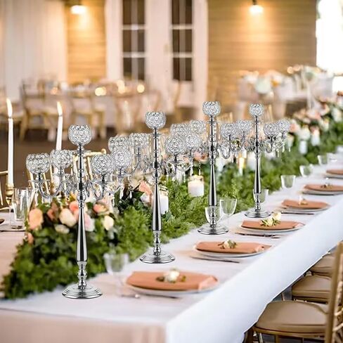 VINCIGANT4Sets 5 Arm Crystal Candelabra Centerpieces for Wedding,29.5Inches Tall Silver Metal Candlestick Holders with 5 Flower Bowl Holder for Anniversary Bathroom Party Home Decoration in Saudi Arabia