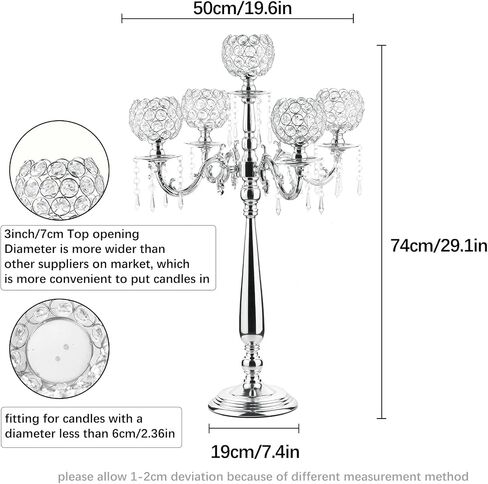 VINCIGANT4Sets 5 Arm Crystal Candelabra Centerpieces for Wedding,29.5Inches Tall Silver Metal Candlestick Holders with 5 Flower Bowl Holder for Anniversary Bathroom Party Home Decoration in Saudi Arabia