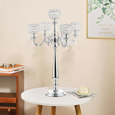 VINCIGANT4Sets 5 Arm Crystal Candelabra Centerpieces for Wedding,29.5Inches Tall Silver Metal Candlestick Holders with 5 Flower Bowl Holder for Anniversary Bathroom Party Home Decoration in Saudi Arabia