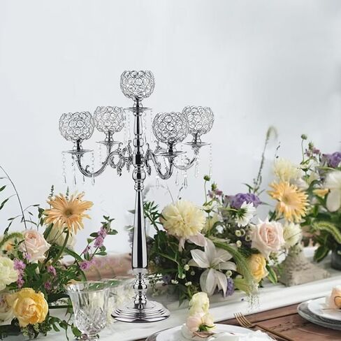 VINCIGANT4Sets 5 Arm Crystal Candelabra Centerpieces for Wedding,29.5Inches Tall Silver Metal Candlestick Holders with 5 Flower Bowl Holder for Anniversary Bathroom Party Home Decoration in Saudi Arabia