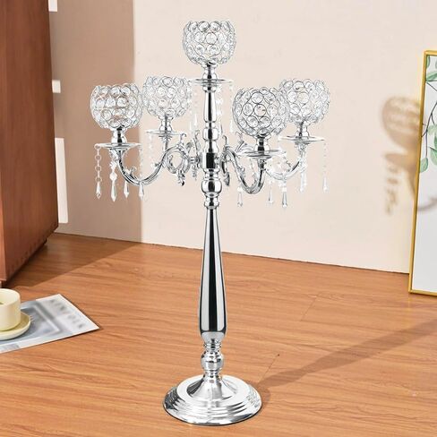 VINCIGANT4Sets 5 Arm Crystal Candelabra Centerpieces for Wedding,29.5Inches Tall Silver Metal Candlestick Holders with 5 Flower Bowl Holder for Anniversary Bathroom Party Home Decoration in Saudi Arabia