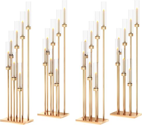 4 Pcs 46.5" Floor Candelabra 7 Arms - Gold Metal Candle Holder Stand with Acrylic Lampshades, Long Candle Sticks for Wedding, Party, Home Decor (7 arm Square 46.5in) in Saudi Arabia