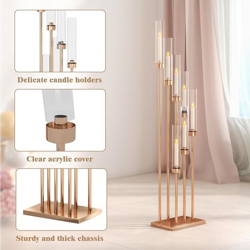4 Pcs 46.5" Floor Candelabra 7 Arms - Gold Metal Candle Holder Stand with Acrylic Lampshades, Long Candle Sticks for Wedding, Party, Home Decor (7 arm Square 46.5in) in Saudi Arabia